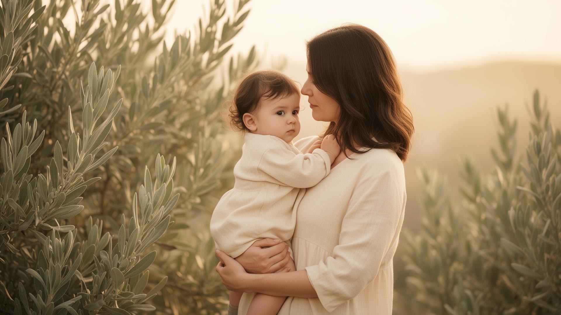 A mother gently holding her child among olive leaves at golden hour